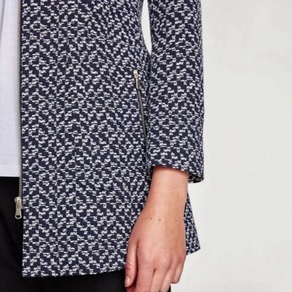 ✨Zara Classic Minimalist Tweed Blue White Zip Up Sz Medium Peacoat✨ - Picture 5 of 10